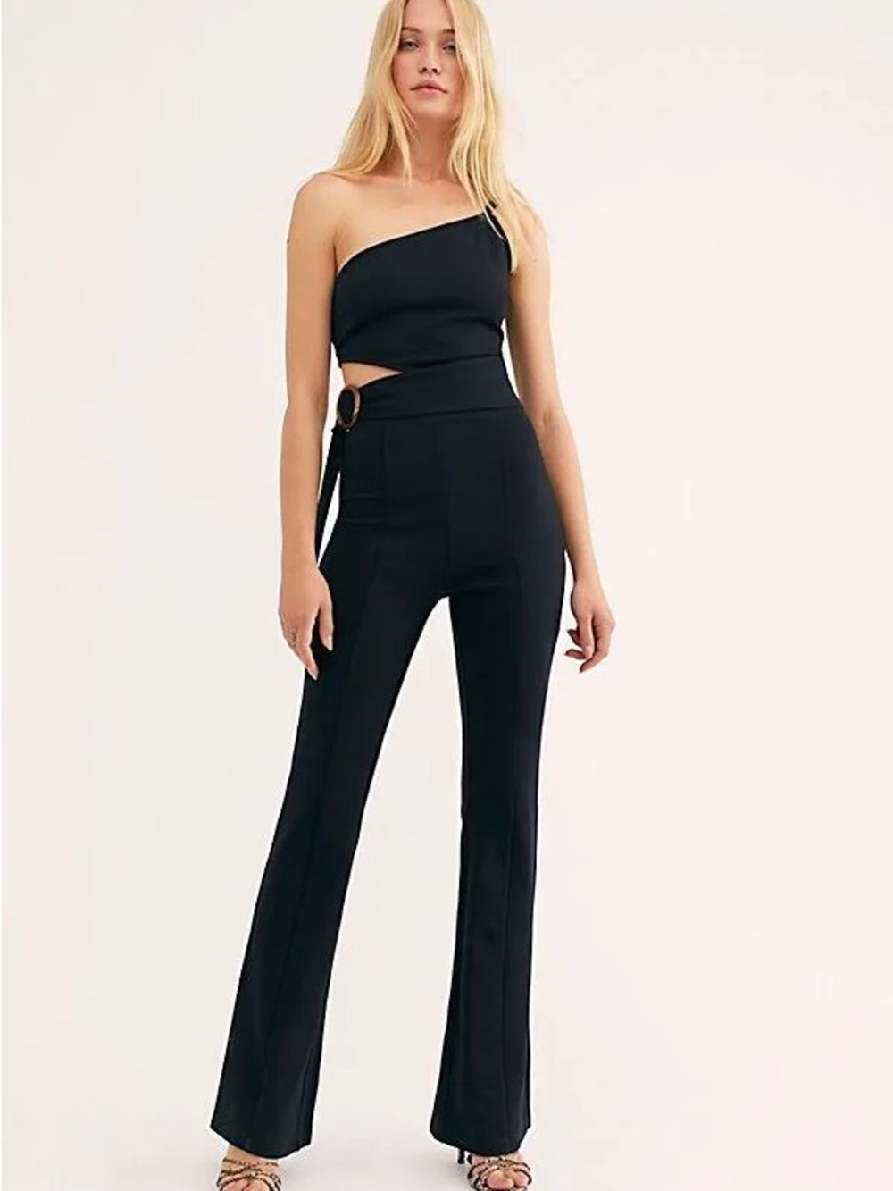 FREE PEOPLE Salinas Women's Black One-Shoulder Cut-Out Flared Jumpsuit US4